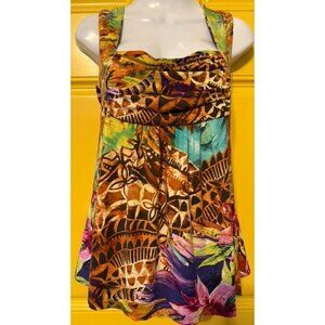 Boston Proper Multicolor Tropical Print Sleeveless Top With Twist Neck & Draped‎